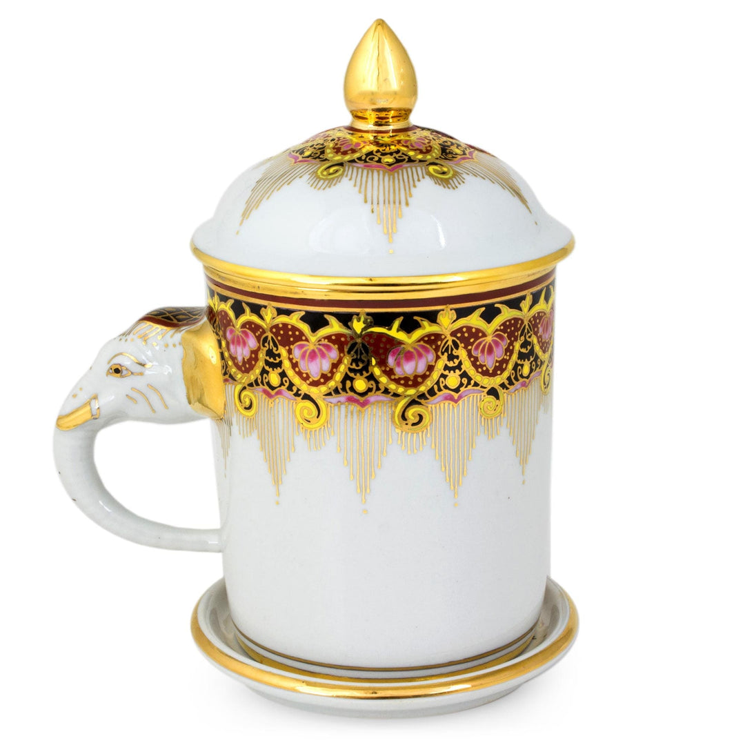Benjarong White Elephant Coffee Mug and Lid with Gold Paint - Thai Iyara