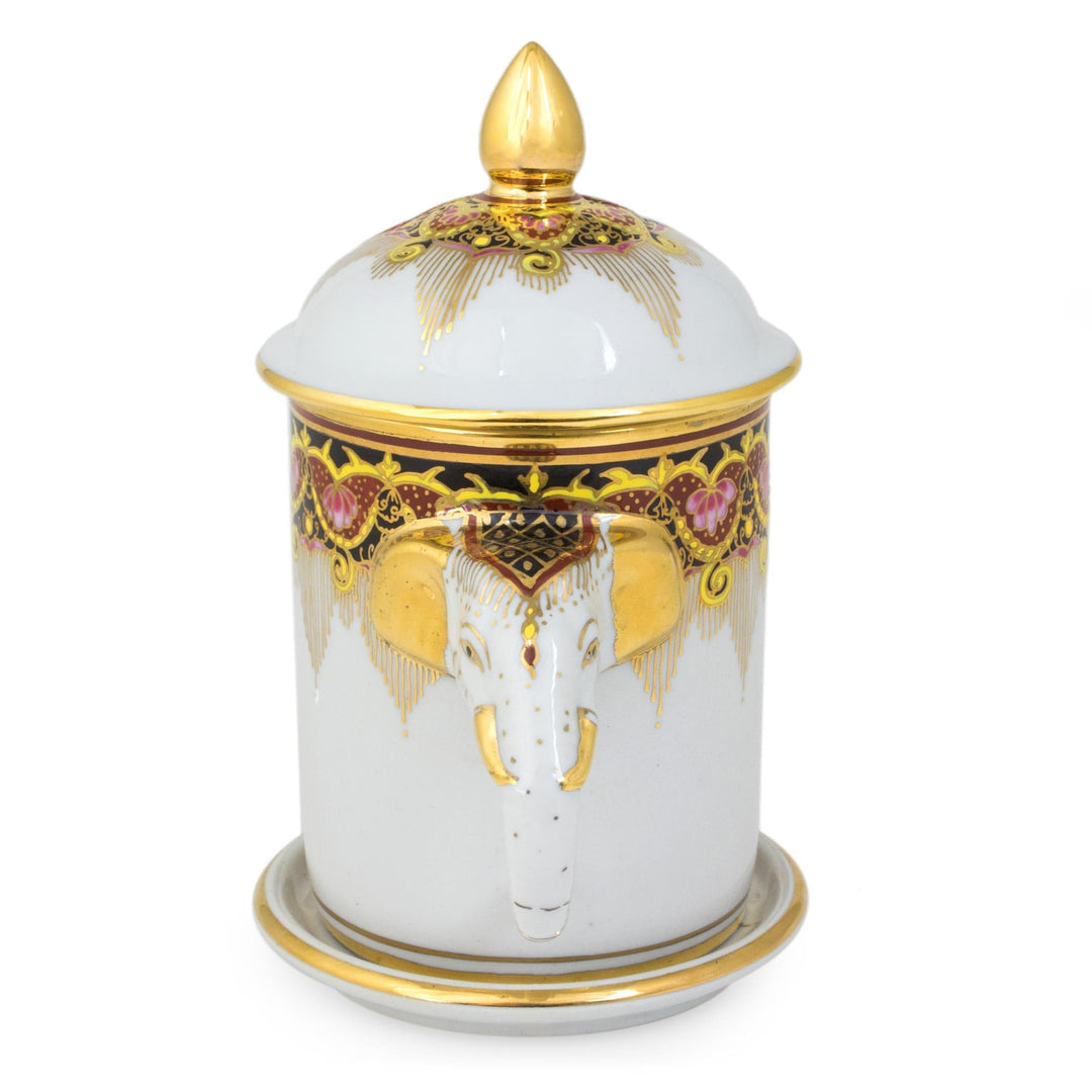 Benjarong White Elephant Coffee Mug and Lid with Gold Paint - Thai Iyara