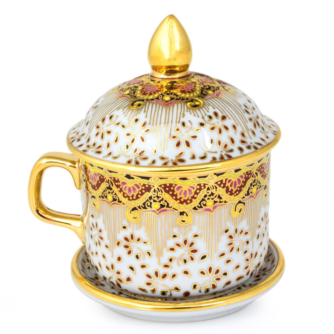 Benjarong White Teacup and Lid with Pink and Gold Flowers - Thai Celebration