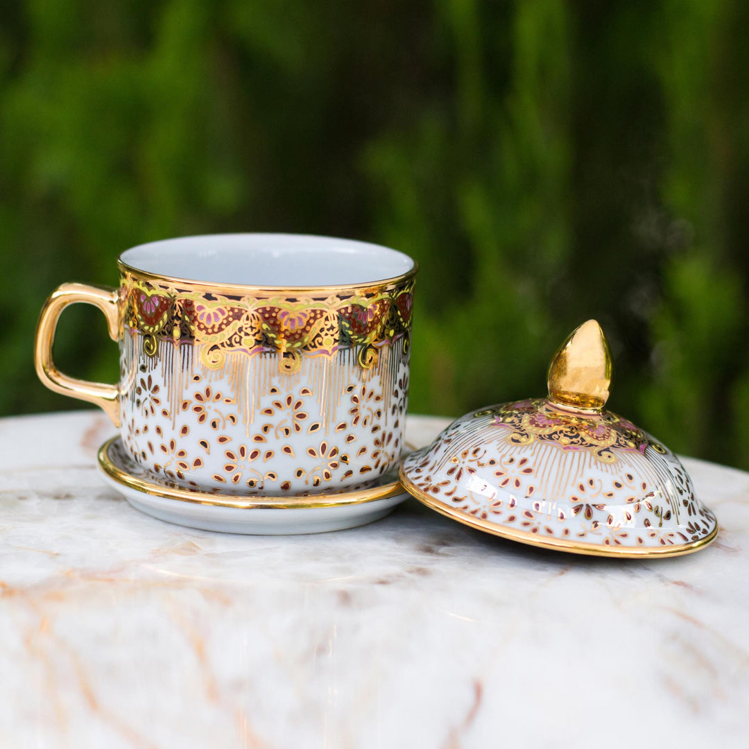 Benjarong White Teacup and Lid with Pink and Gold Flowers - Thai Celeb –  GlobeIn