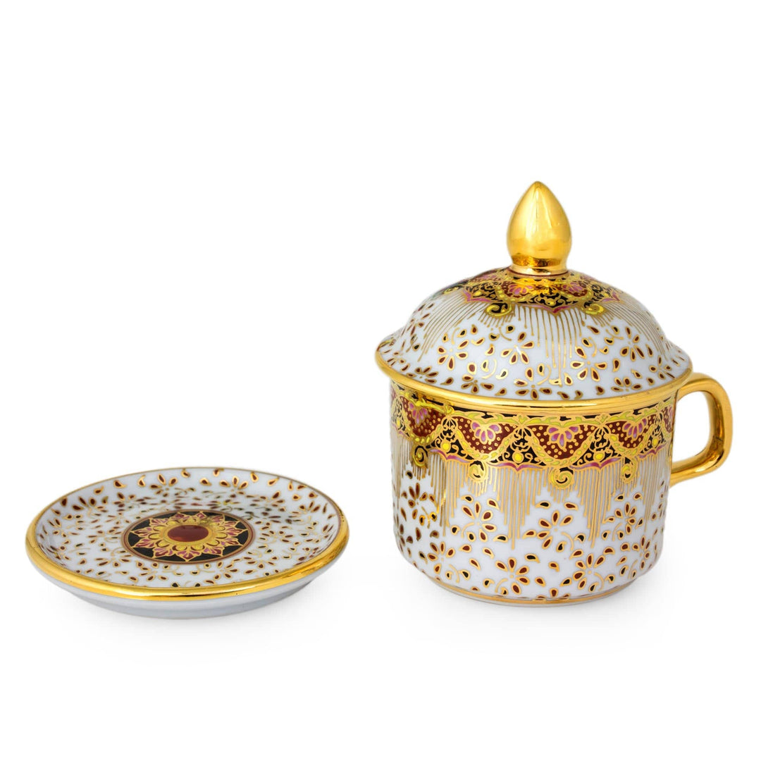 Benjarong White Teacup and Lid with Pink and Gold Flowers - Thai Celebration