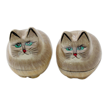 Indian Handcrafted Cat Theme Papier Mache Boxes (Pair) - Contented Kitties