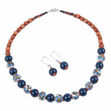 Jewelry Set with Hand Painted Flowers on Ceramic Beads - Blue Andean Blossom