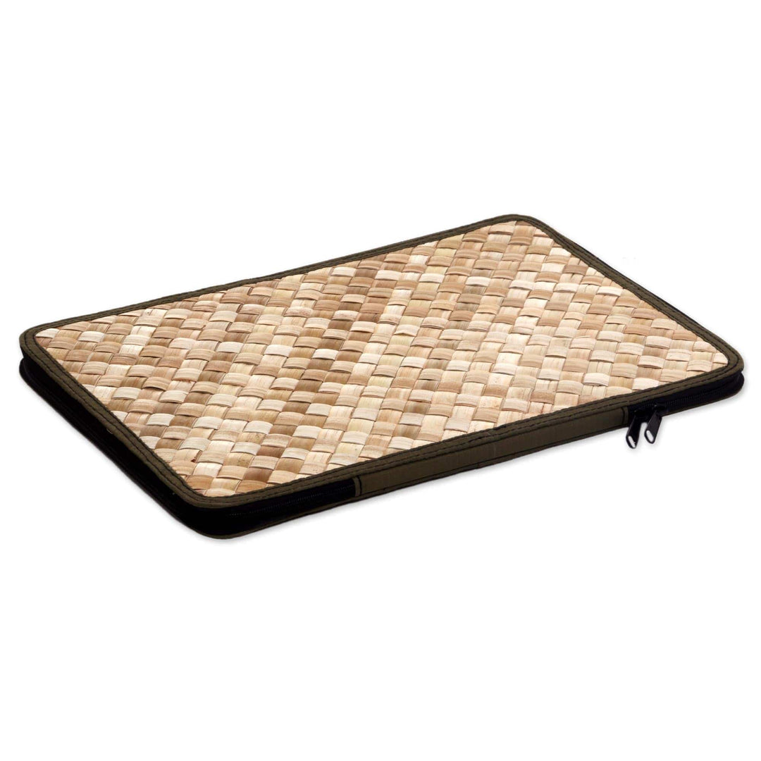 Natural Fiber and Cotton 15 Inch Laptop Sleeve from Bali - Uluwatu Pandan in Loden
