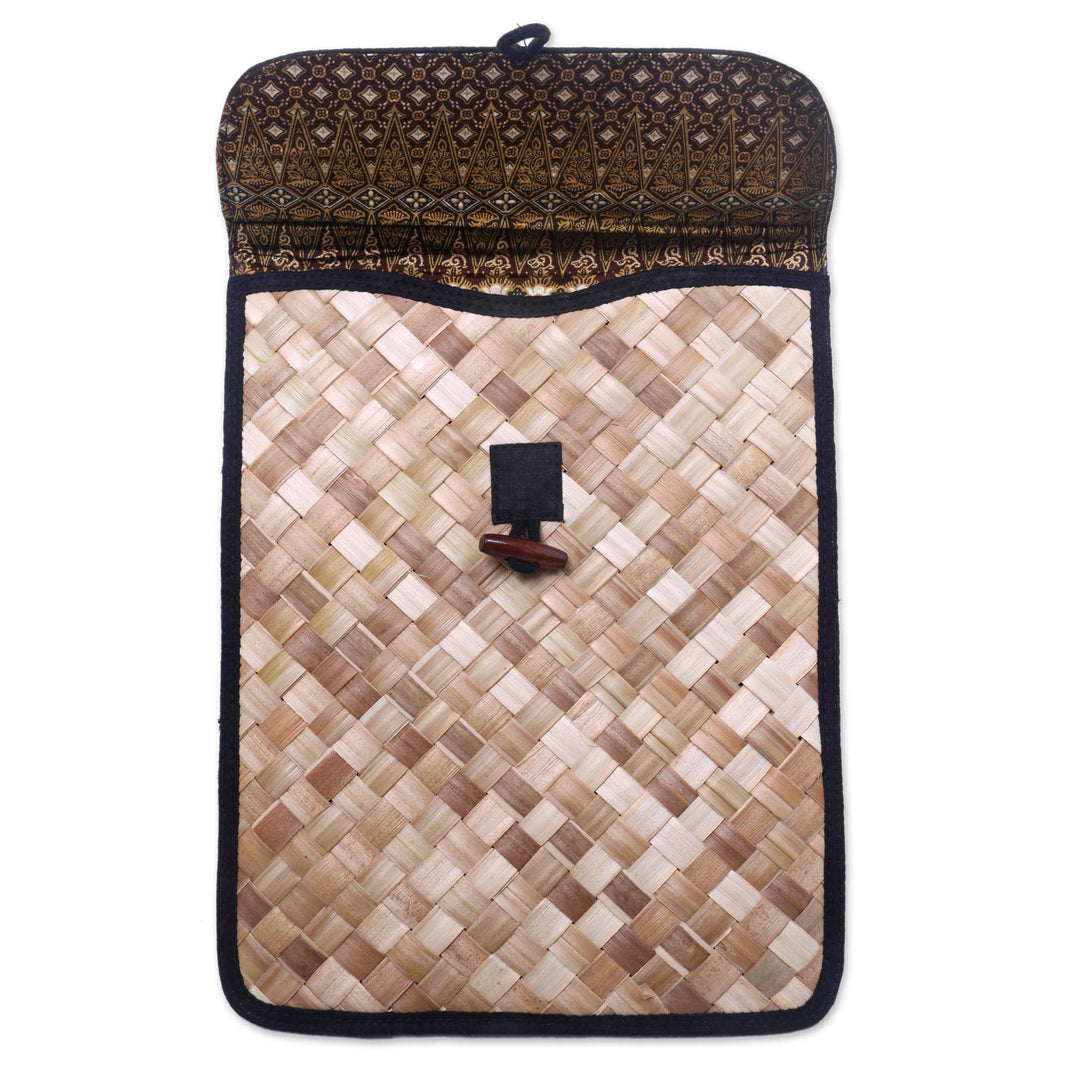 Handmade Cotton Batik Lined 11 Inch Laptop or Tablet Sleeve - Uluwatu Pandan in Black