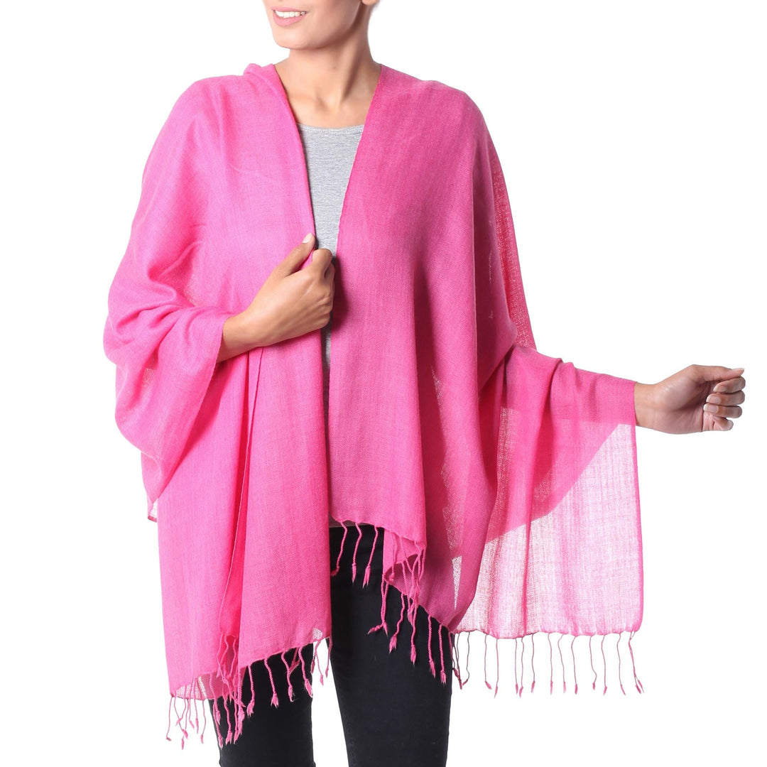 Deep Rose Pink Wool and Silk Blend Wrap for Women - Cheerful Rose