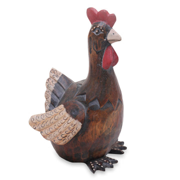 Artisan Hand Carved Brown Wood Chicken Sculpture - Funny Brown Hen