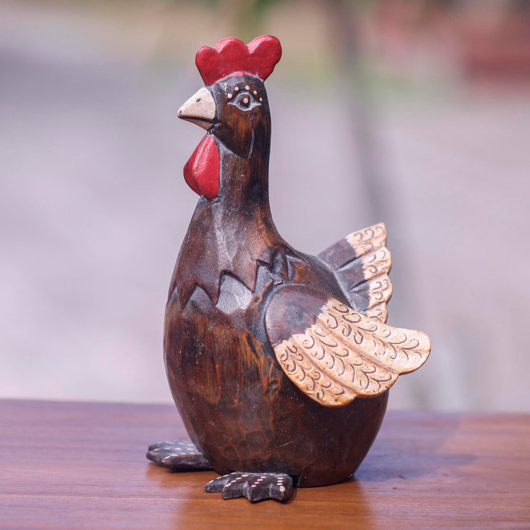 Artisan Hand Carved Brown Wood Chicken Sculpture - Funny Brown Hen