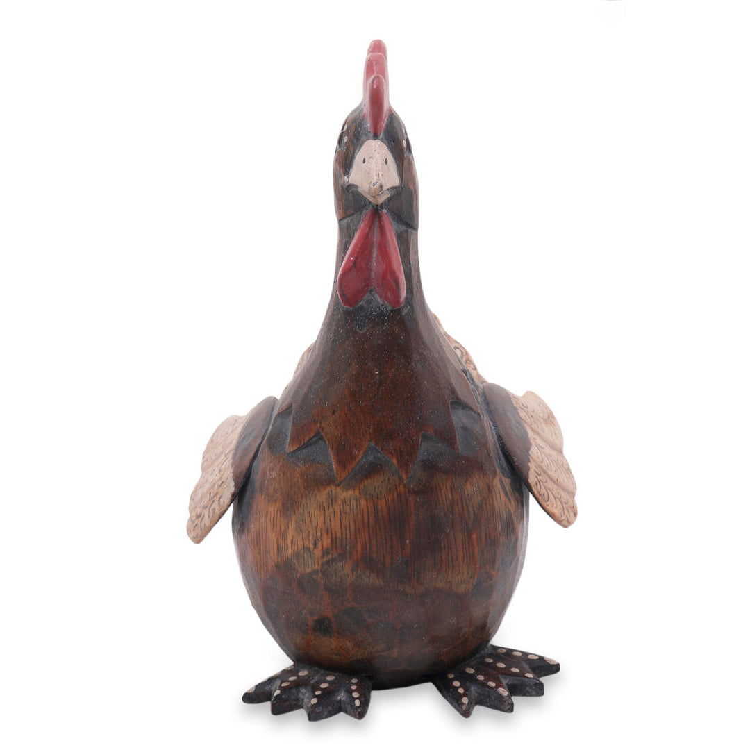 Artisan Hand Carved Brown Wood Chicken Sculpture - Funny Brown Hen