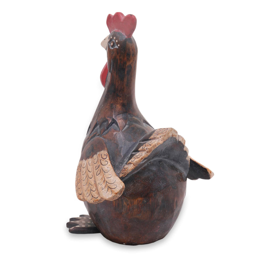 Artisan Hand Carved Brown Wood Chicken Sculpture - Funny Brown Hen