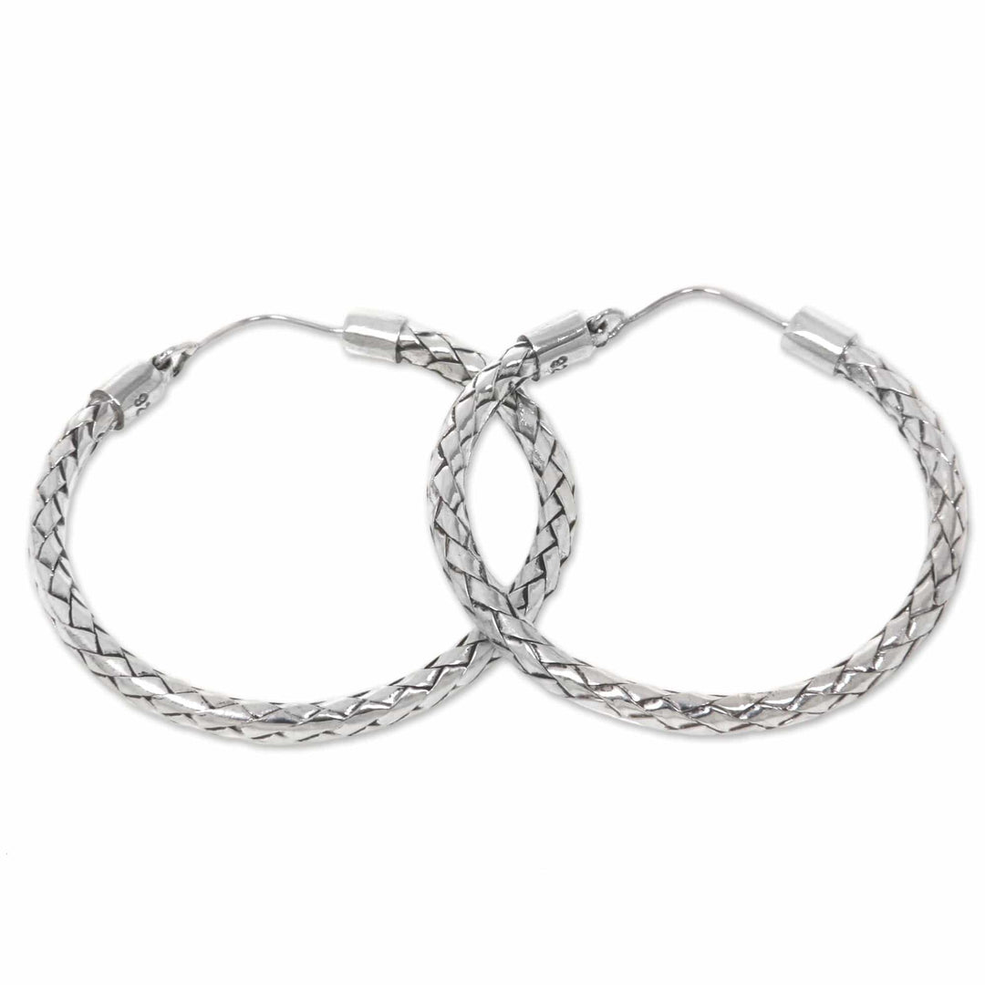 Hoop Earrings of Handwoven Sterling Silver Ribbons - Pandan Weaving