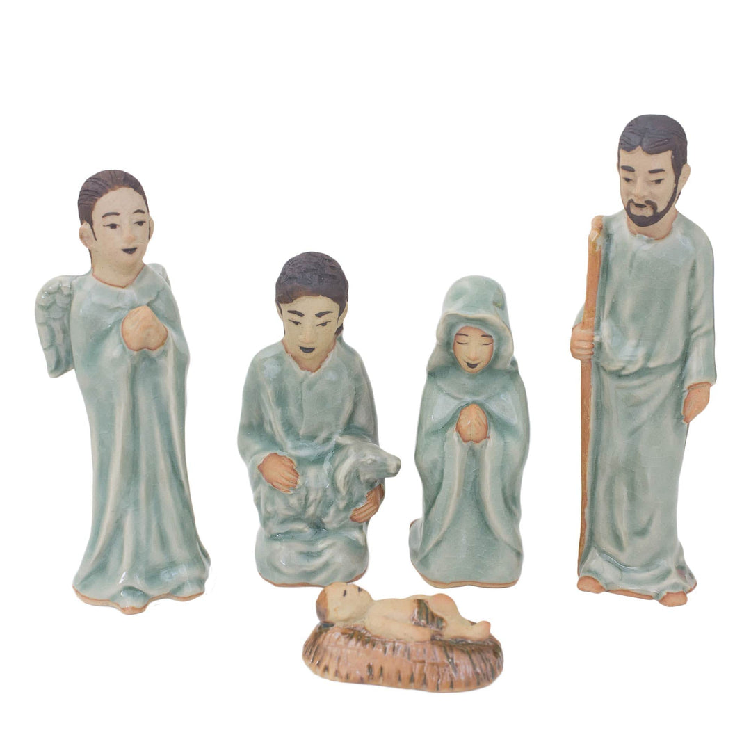 Hand Crafted Celadon Ceramic Nativity Statuettes (set of 5) - Blessed Nativity