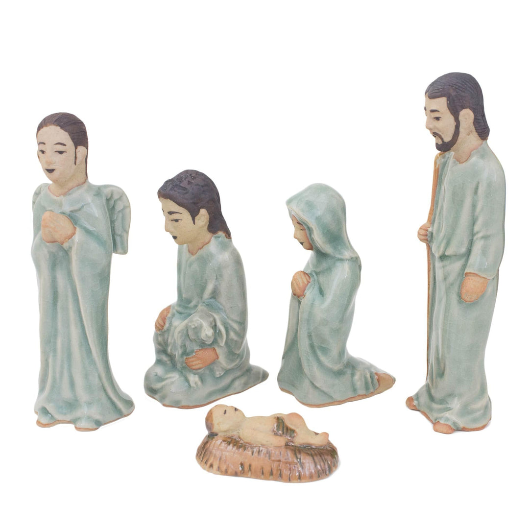 Hand Crafted Celadon Ceramic Nativity Statuettes (set of 5) - Blessed Nativity