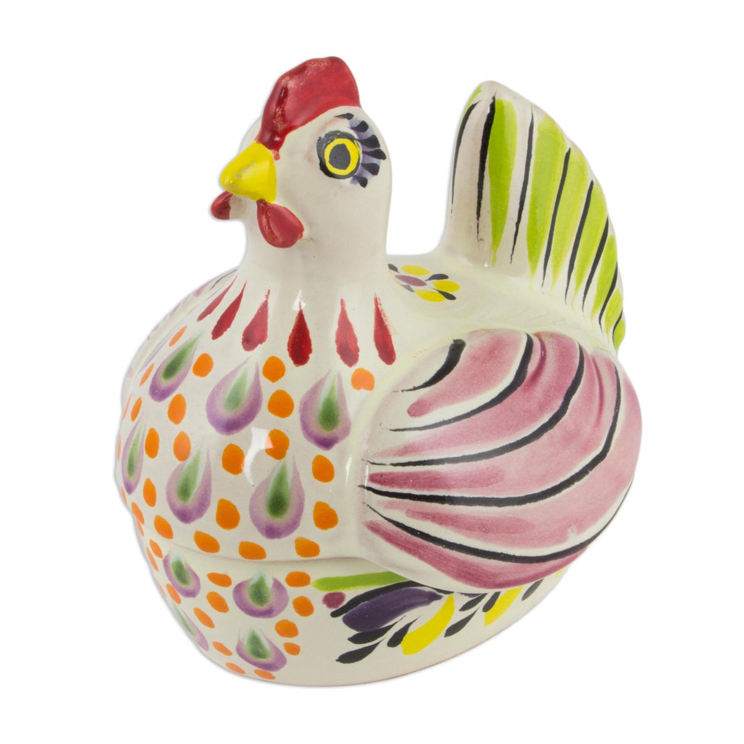Majolica Ceramic Artisan Crafted Chicken Theme Covered Dish - Pretty Hen
