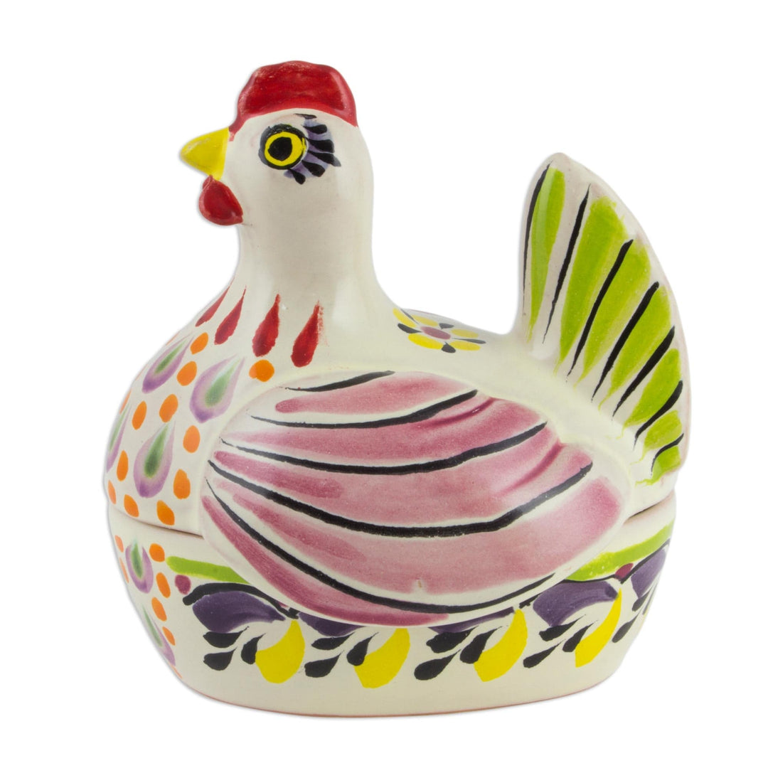 Majolica Ceramic Artisan Crafted Chicken Theme Covered Dish - Pretty Hen