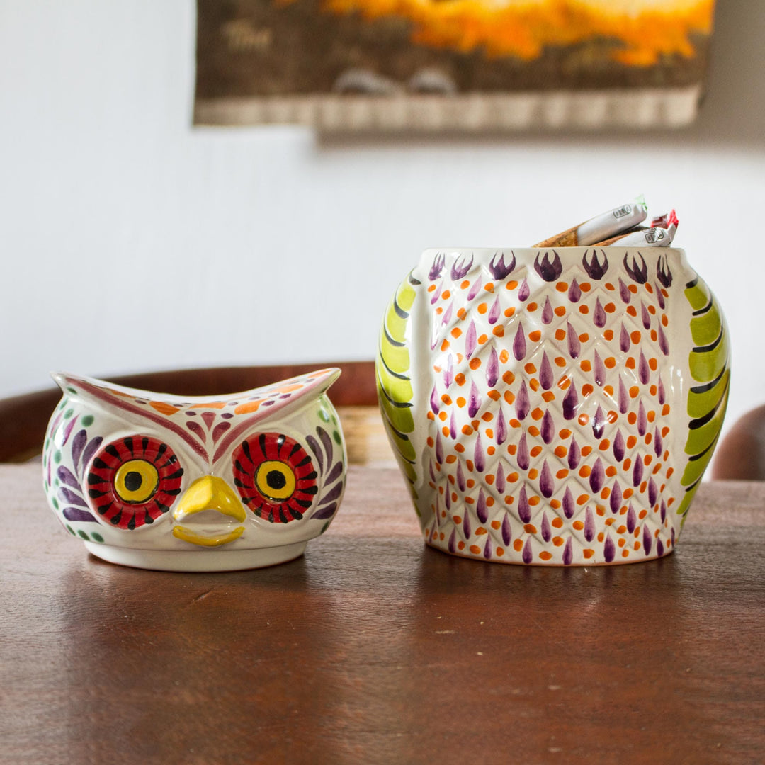 Colorful Owl Theme Majolica Ceramic Cookie Jar - Colorful Owl
