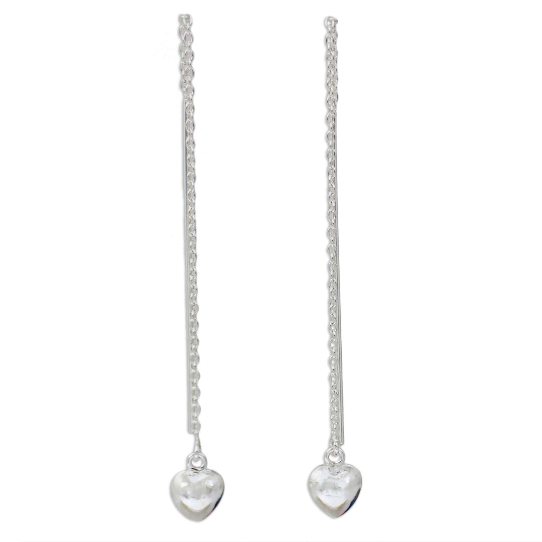 Sterling Silver Dangle Threader Earrings with Hearts - Chain of Love