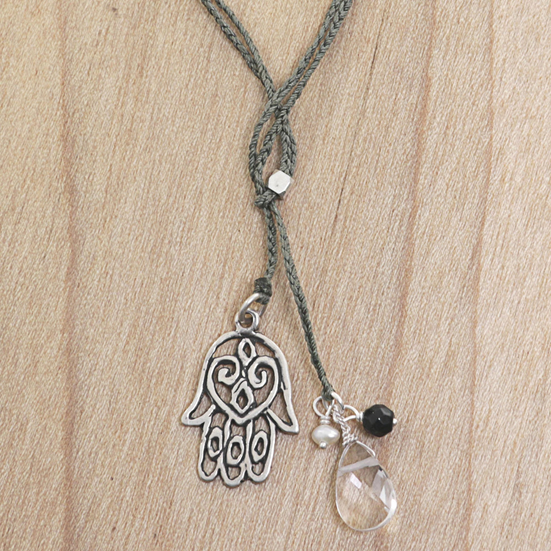 Hamsa Hand Lariat Necklace with Onyx Pearl and Quartz - Green Hamsa Hand