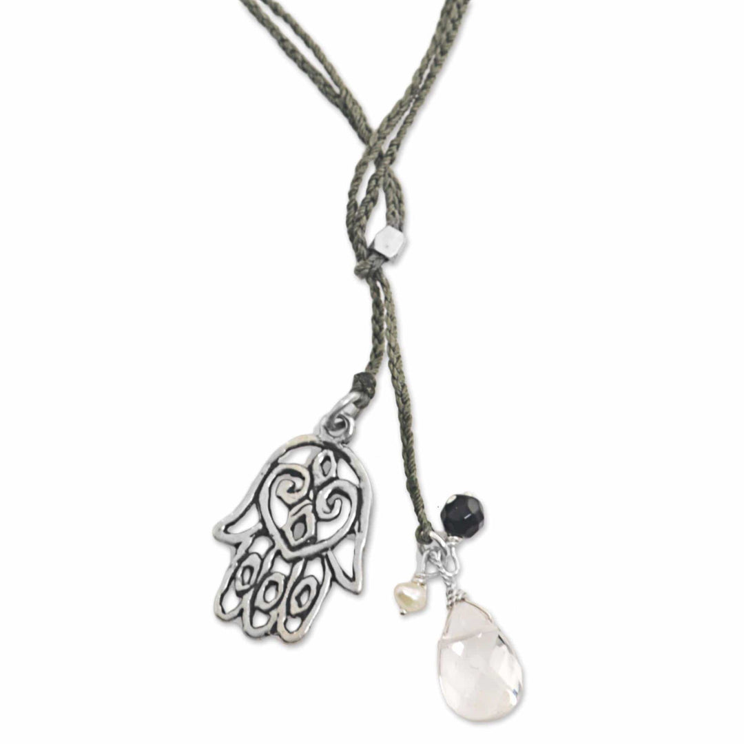 Hamsa Hand Lariat Necklace with Onyx Pearl and Quartz - Green Hamsa Hand