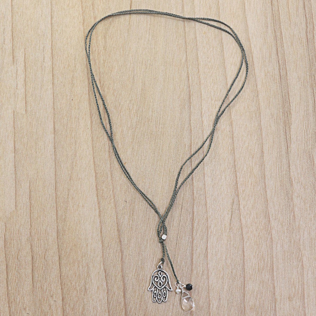 Hamsa Hand Lariat Necklace with Onyx Pearl and Quartz - Green Hamsa Hand