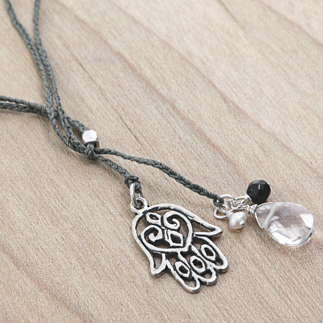 Hamsa Hand Lariat Necklace with Onyx Pearl and Quartz - Green Hamsa Hand