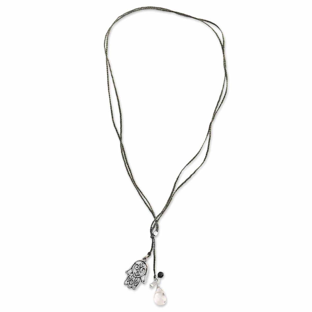 Hamsa Hand Lariat Necklace with Onyx Pearl and Quartz - Green Hamsa Hand