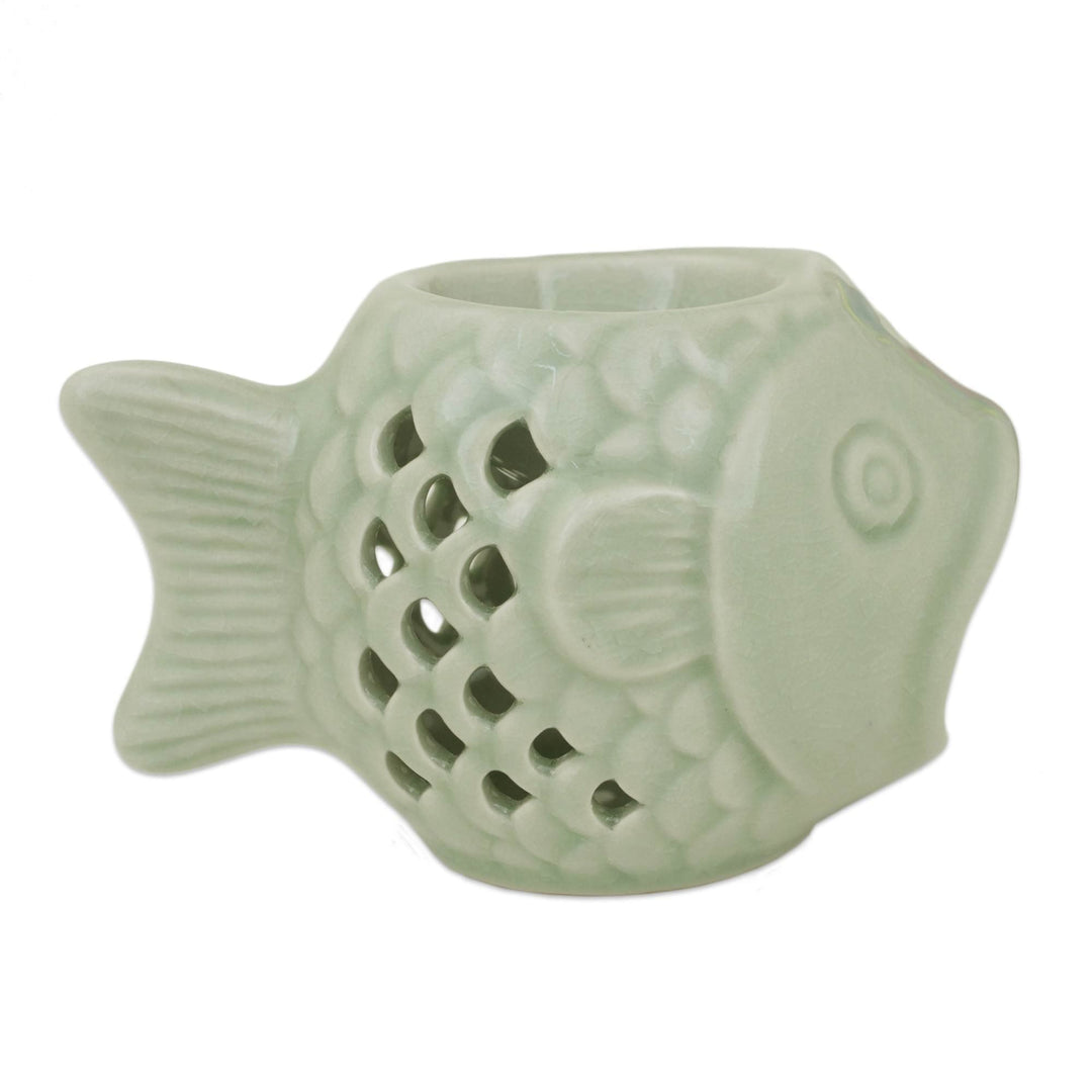 Handcrafted Ceramic Clay Oil Warmer Green Fish from Thailand - Hello Fish
