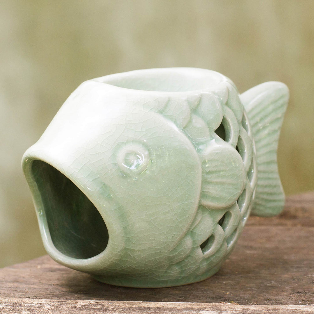 Handcrafted Ceramic Clay Oil Warmer Green Fish from Thailand - Hello Fish