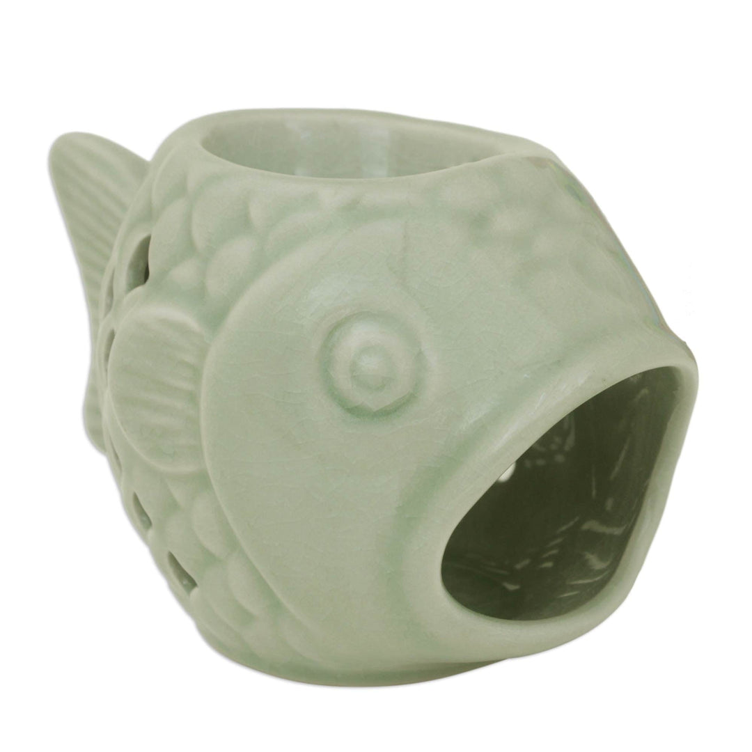 Handcrafted Ceramic Clay Oil Warmer Green Fish from Thailand - Hello Fish