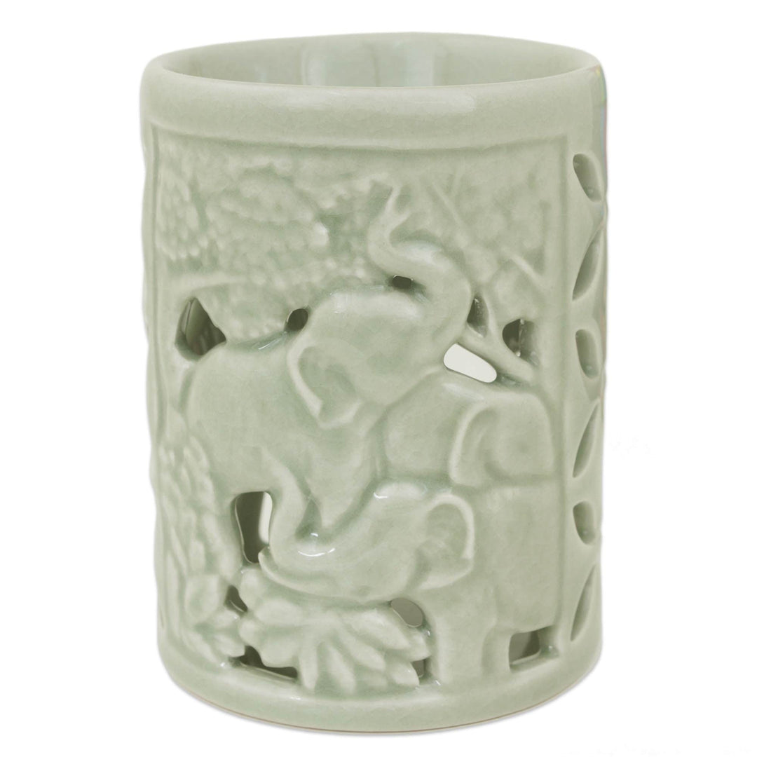 Hand Crafted Ceramic Clay Oil Warmer Thai Green Elephants - Happy Forest