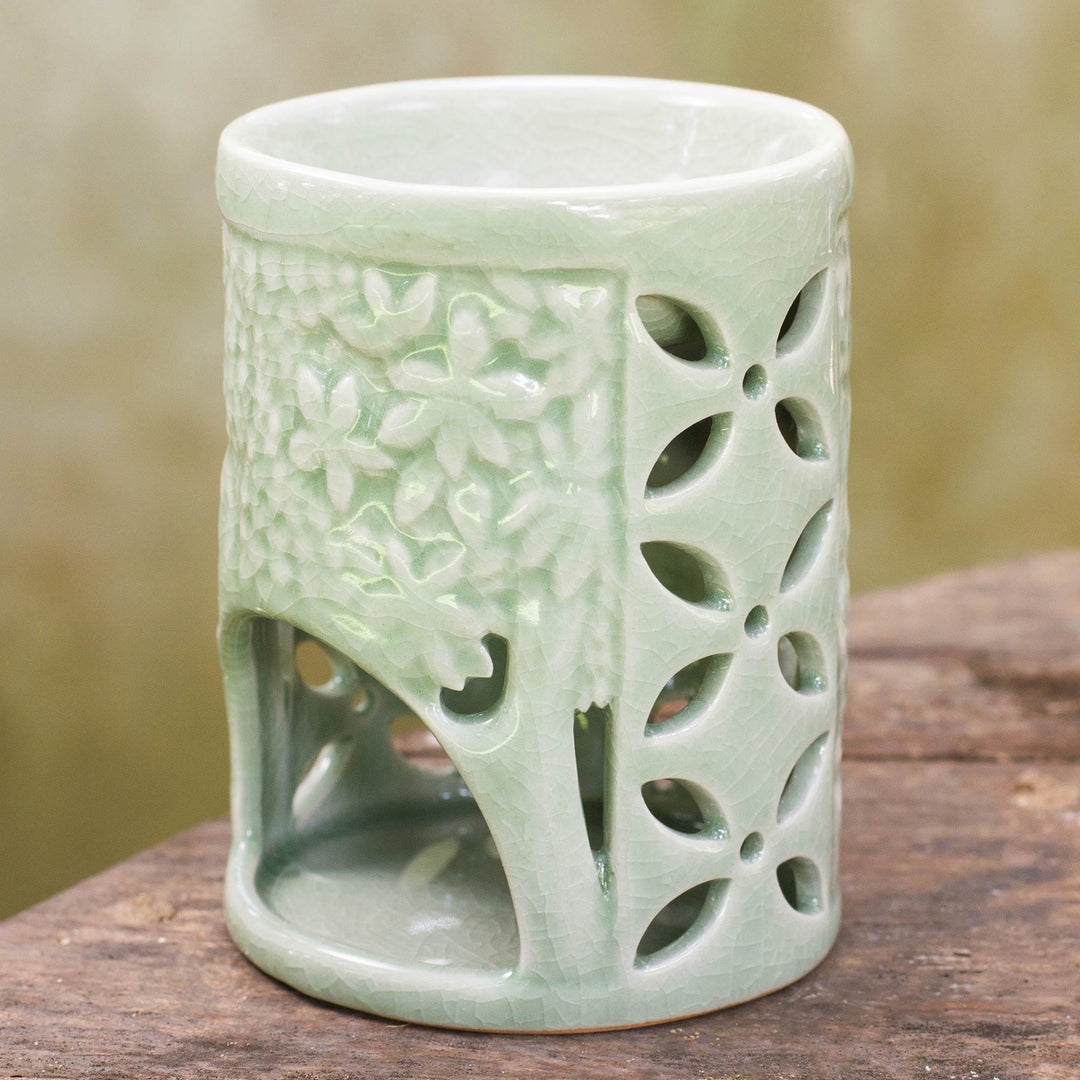 Hand Crafted Ceramic Clay Oil Warmer Thai Green Elephants - Happy Forest