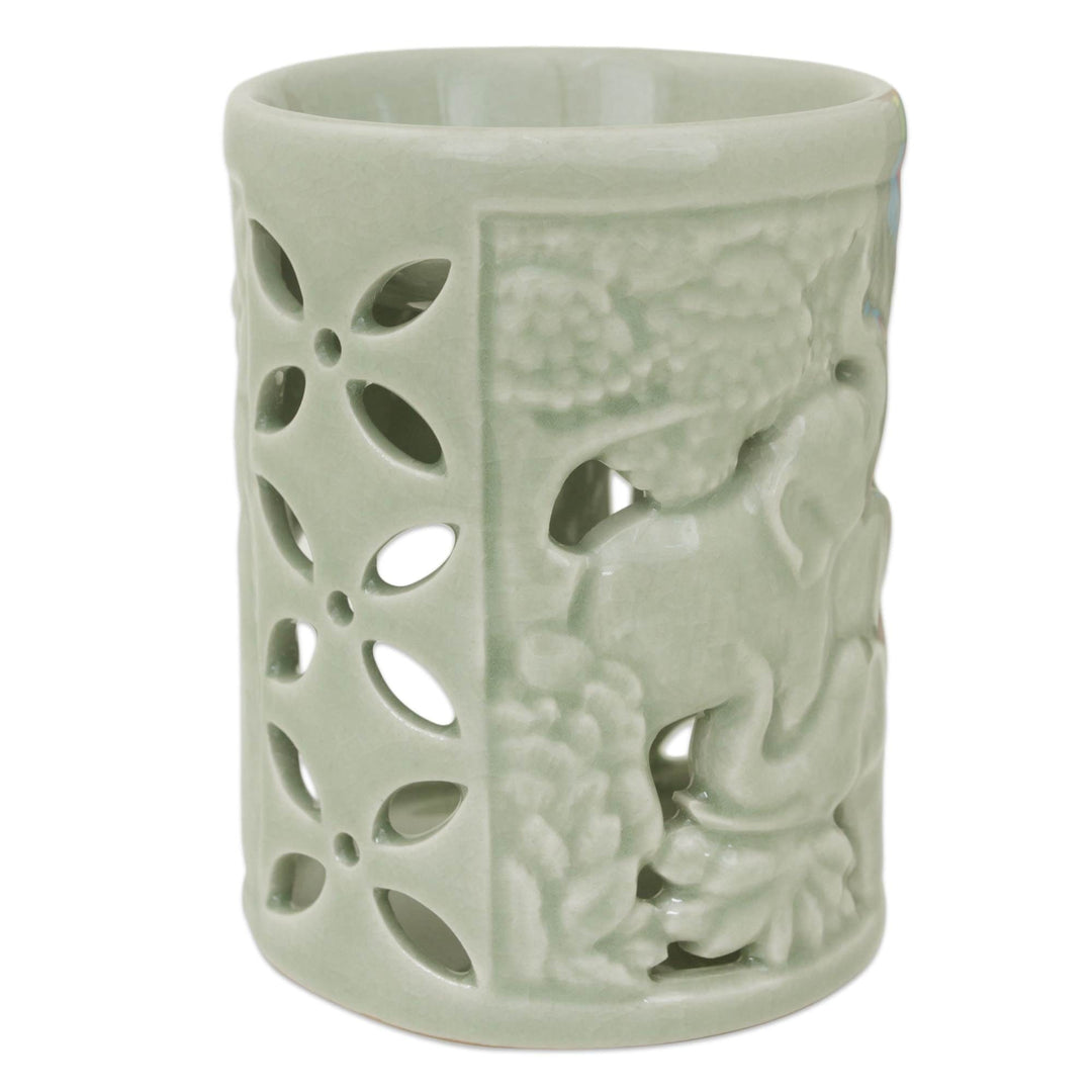 Hand Crafted Ceramic Clay Oil Warmer Thai Green Elephants - Happy Forest