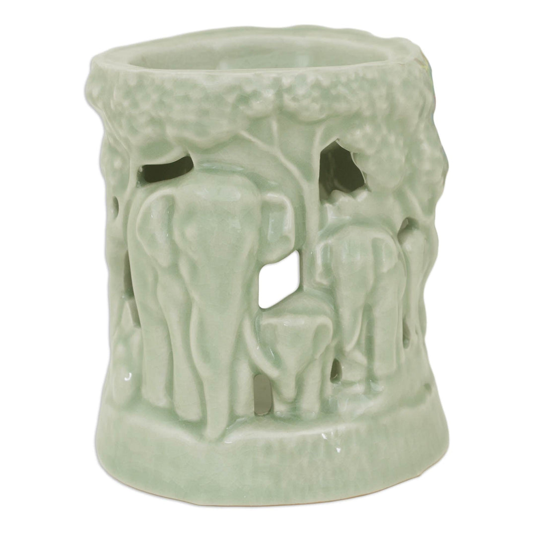 Green Ceramic Clay Oil Warmer Handcrafted Thailand Elephants - Lush Thai Forest