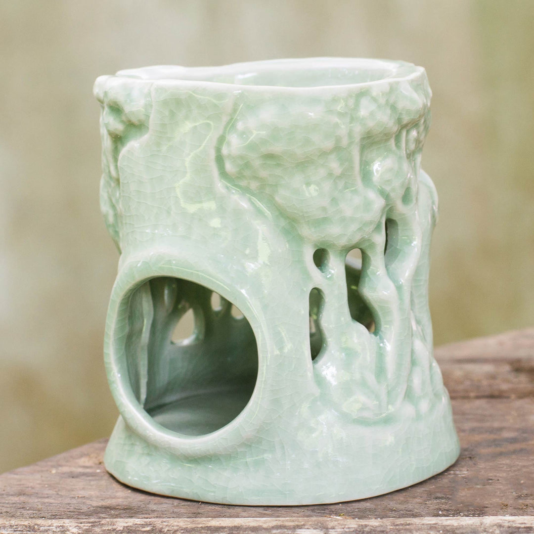 Green Ceramic Clay Oil Warmer Handcrafted Thailand Elephants - Lush Thai Forest