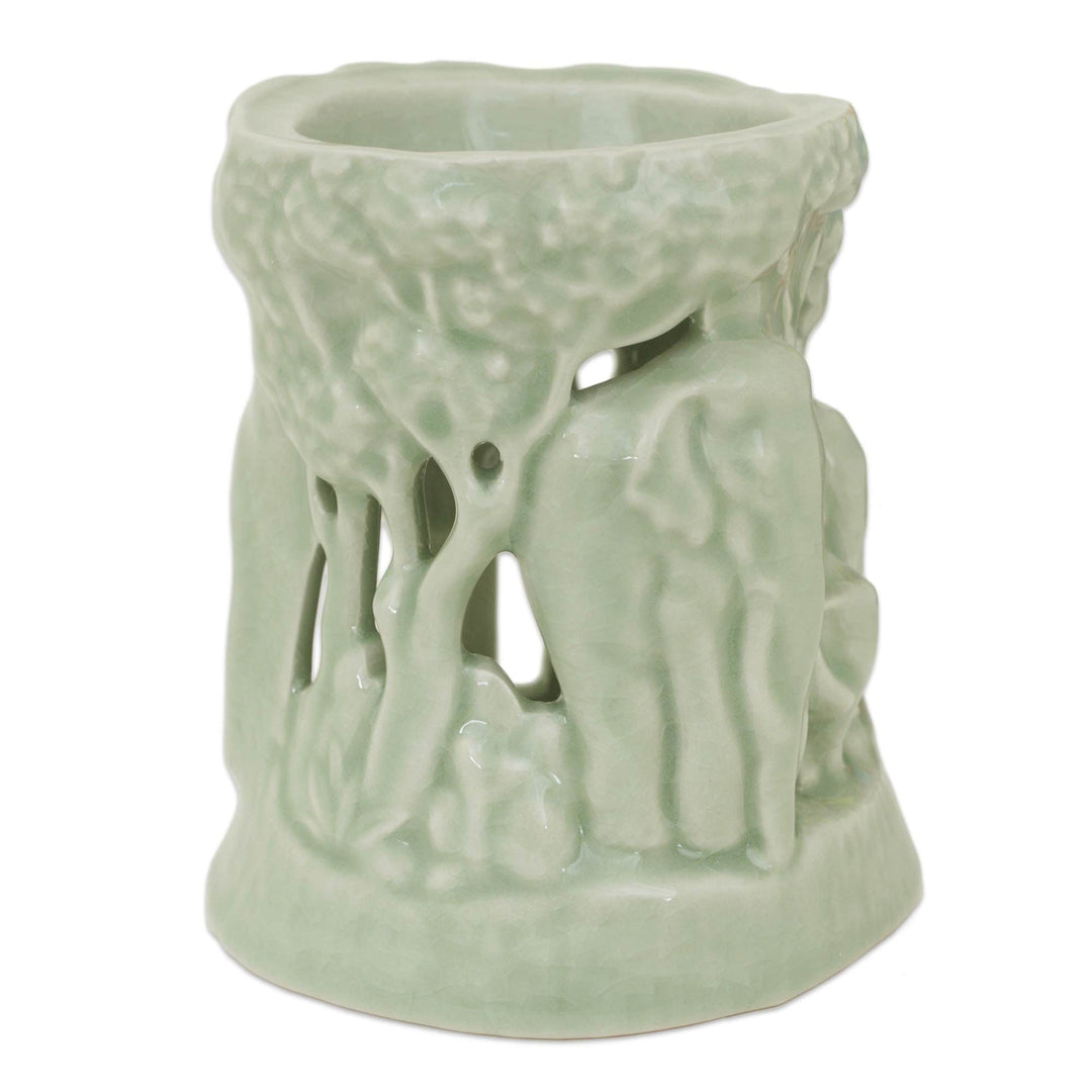 Green Ceramic Clay Oil Warmer Handcrafted Thailand Elephants - Lush Thai Forest