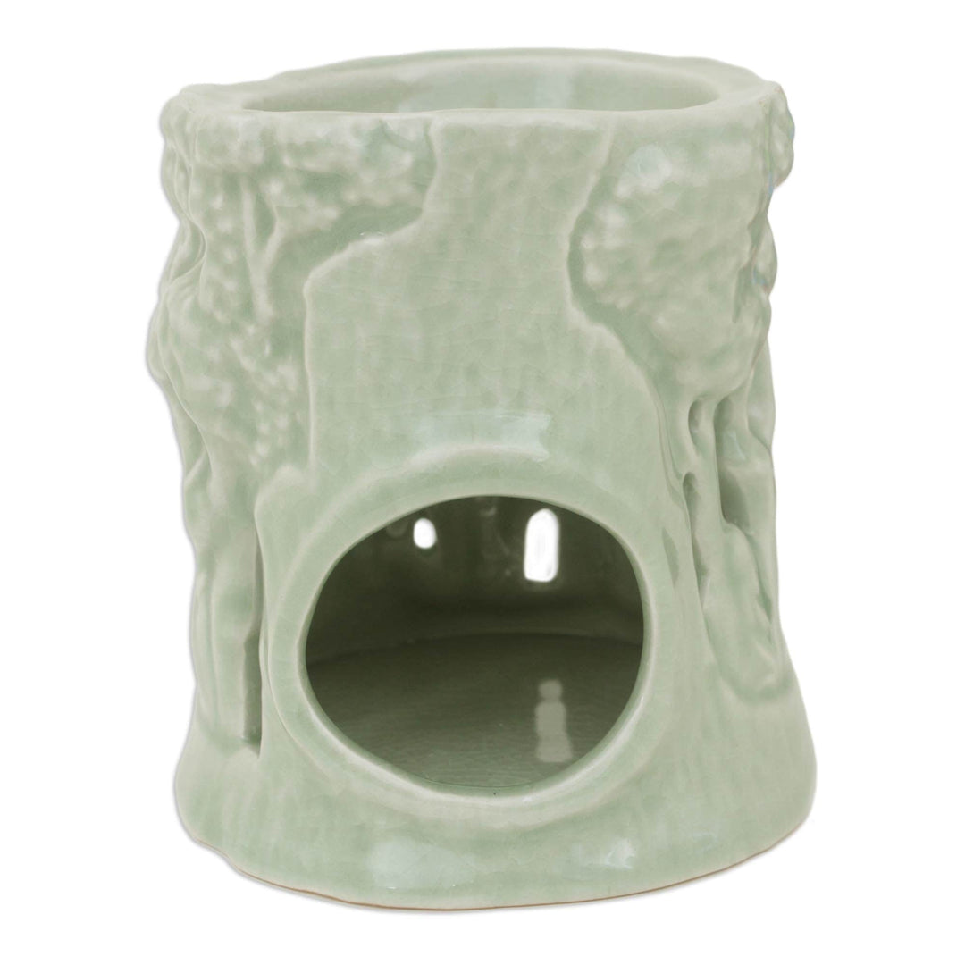 Green Ceramic Clay Oil Warmer Handcrafted Thailand Elephants - Lush Thai Forest