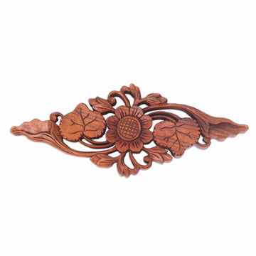 Lotus Blossom Hand Carved Wood Relief Panel from Bali - Singular Lotus