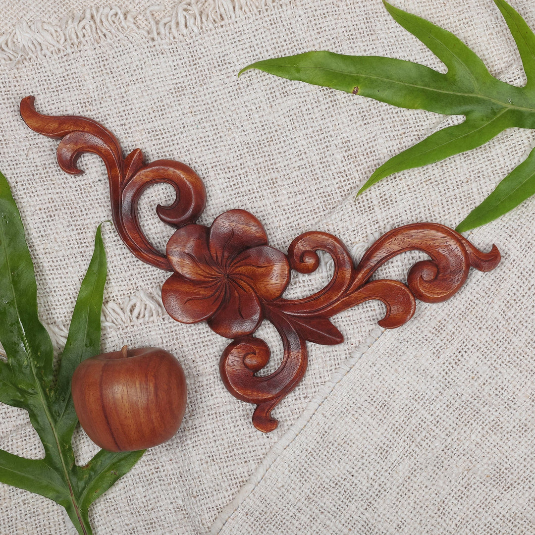 Floral Wood Relief Panel Hand Carved in Indonesia - Plumeria Vine