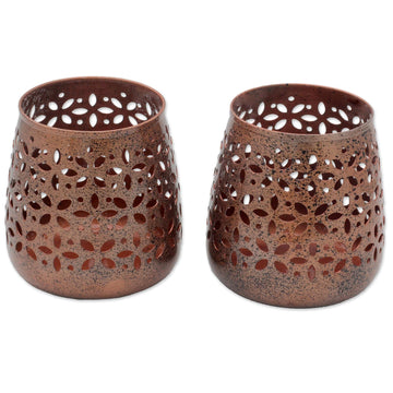 Pair of Copper Plated Steel Floral Tealight Candle Holders - Flower Glow