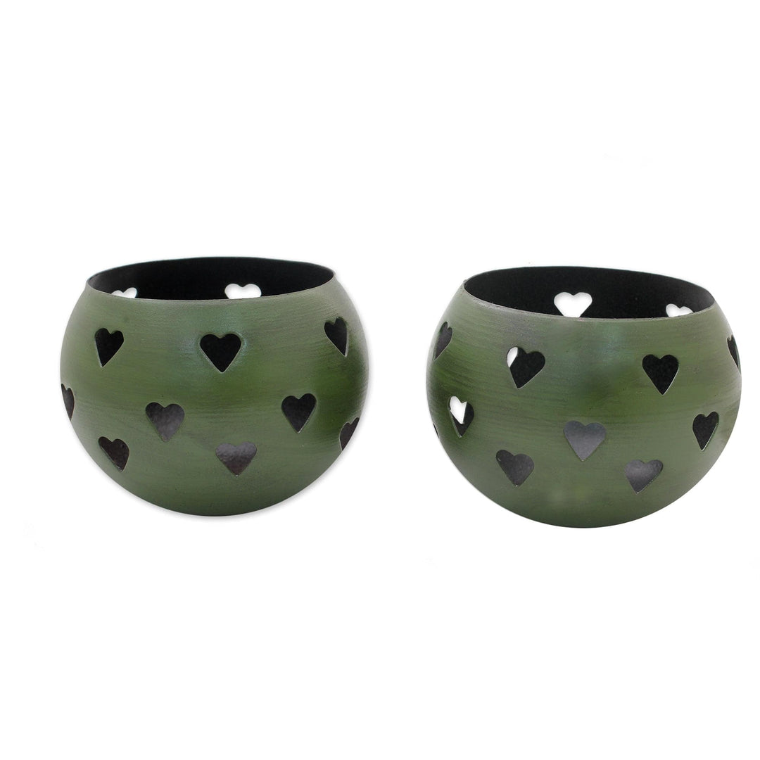 Hearth Themed Tealight Holders in Moss Green (Pair) - Moss Green Hearts