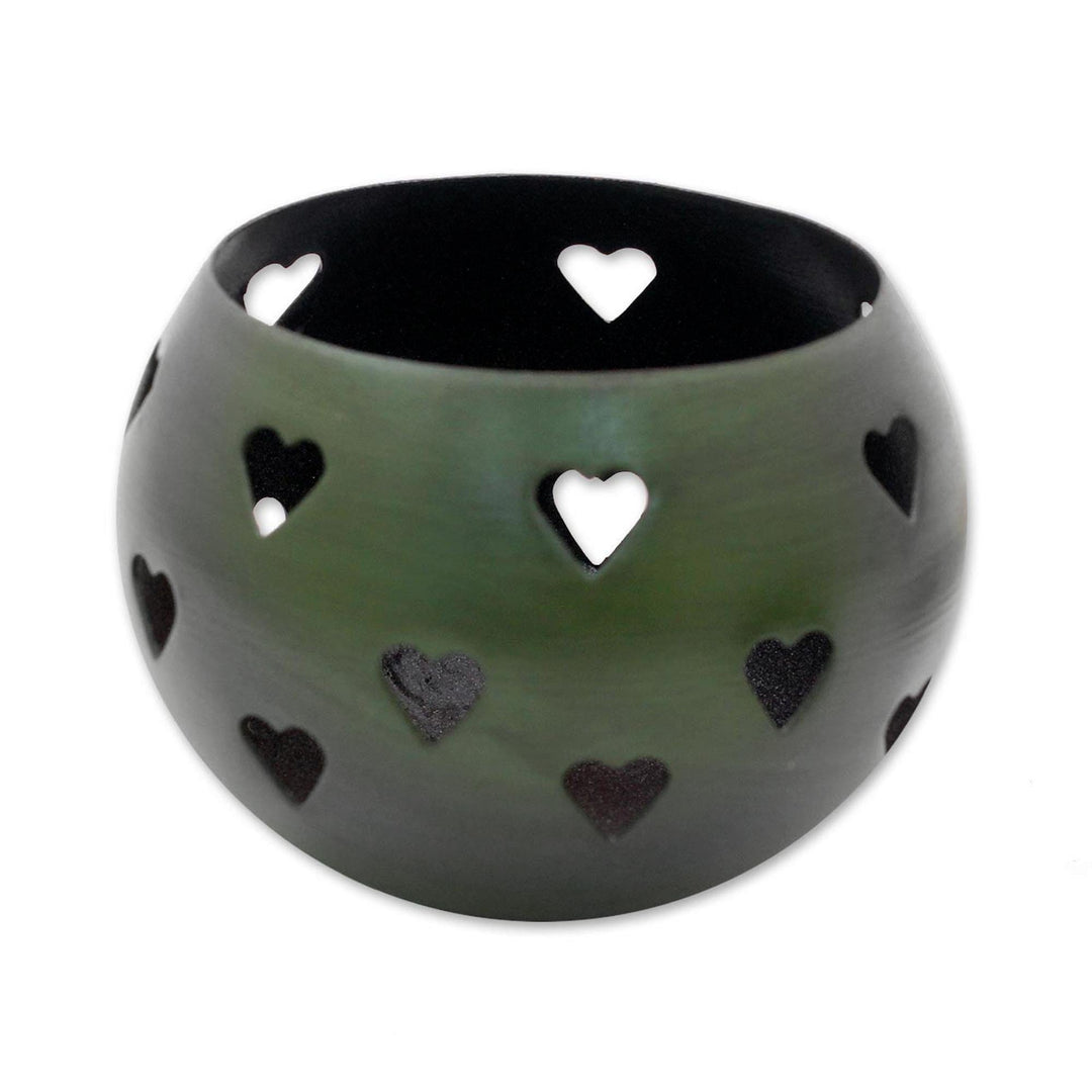 Hearth Themed Tealight Holders in Moss Green (Pair) - Moss Green Hearts