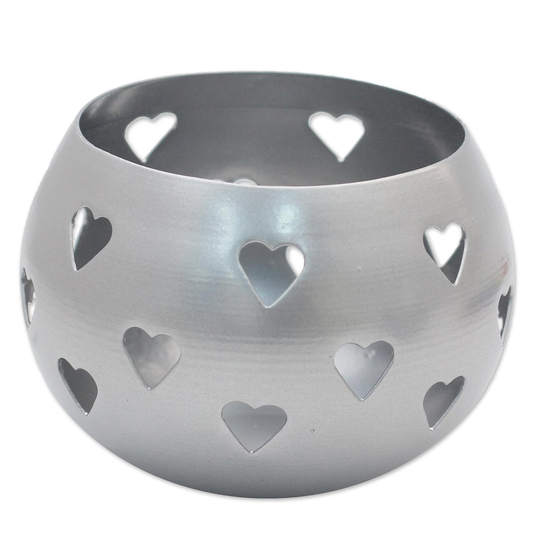 Heart Themed Silver Finish Metal Tealight Holders (Pair) - Silver Hearts
