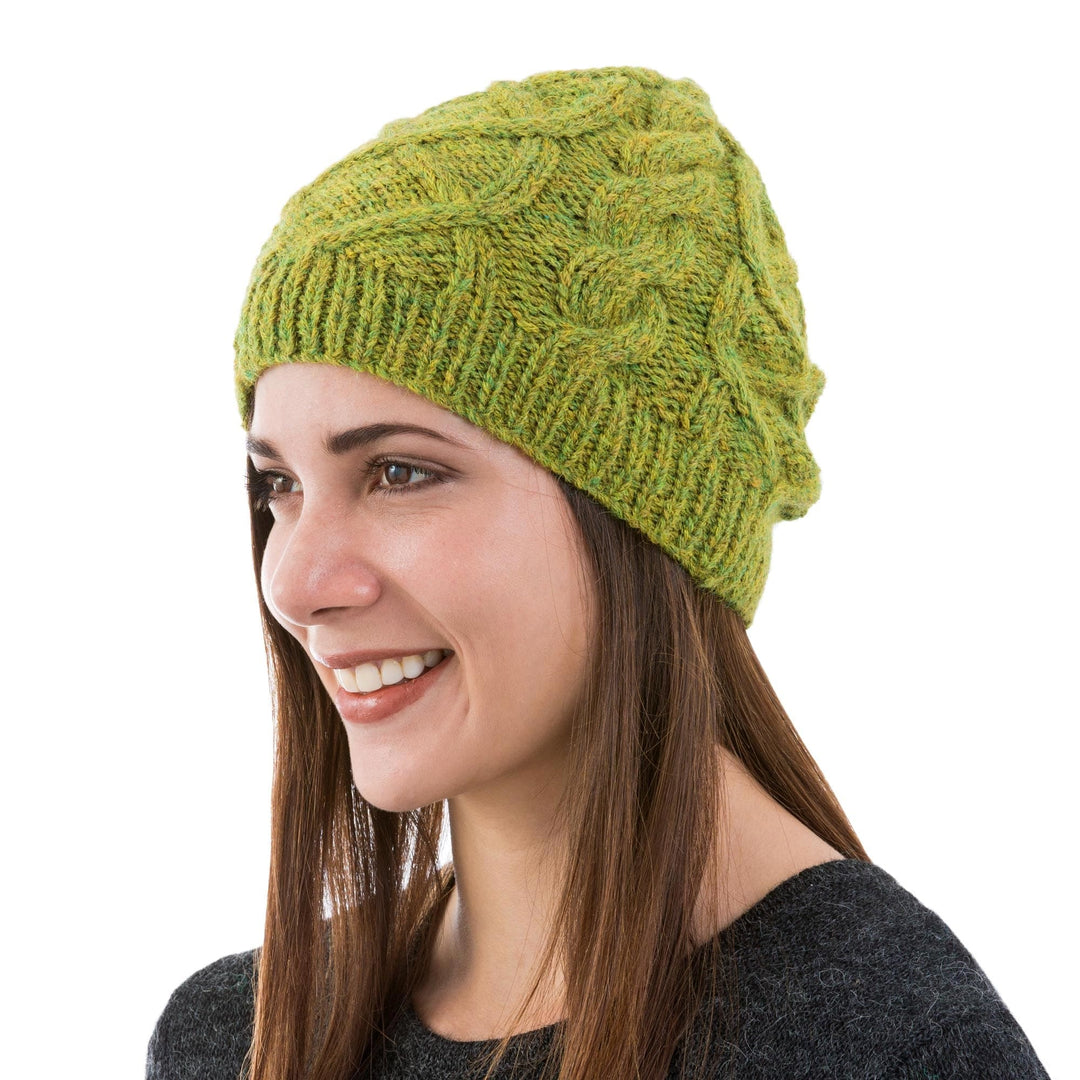 Mottled Green Alpaca Hat Beanie Knit by Hand in Peru - Coconut Green