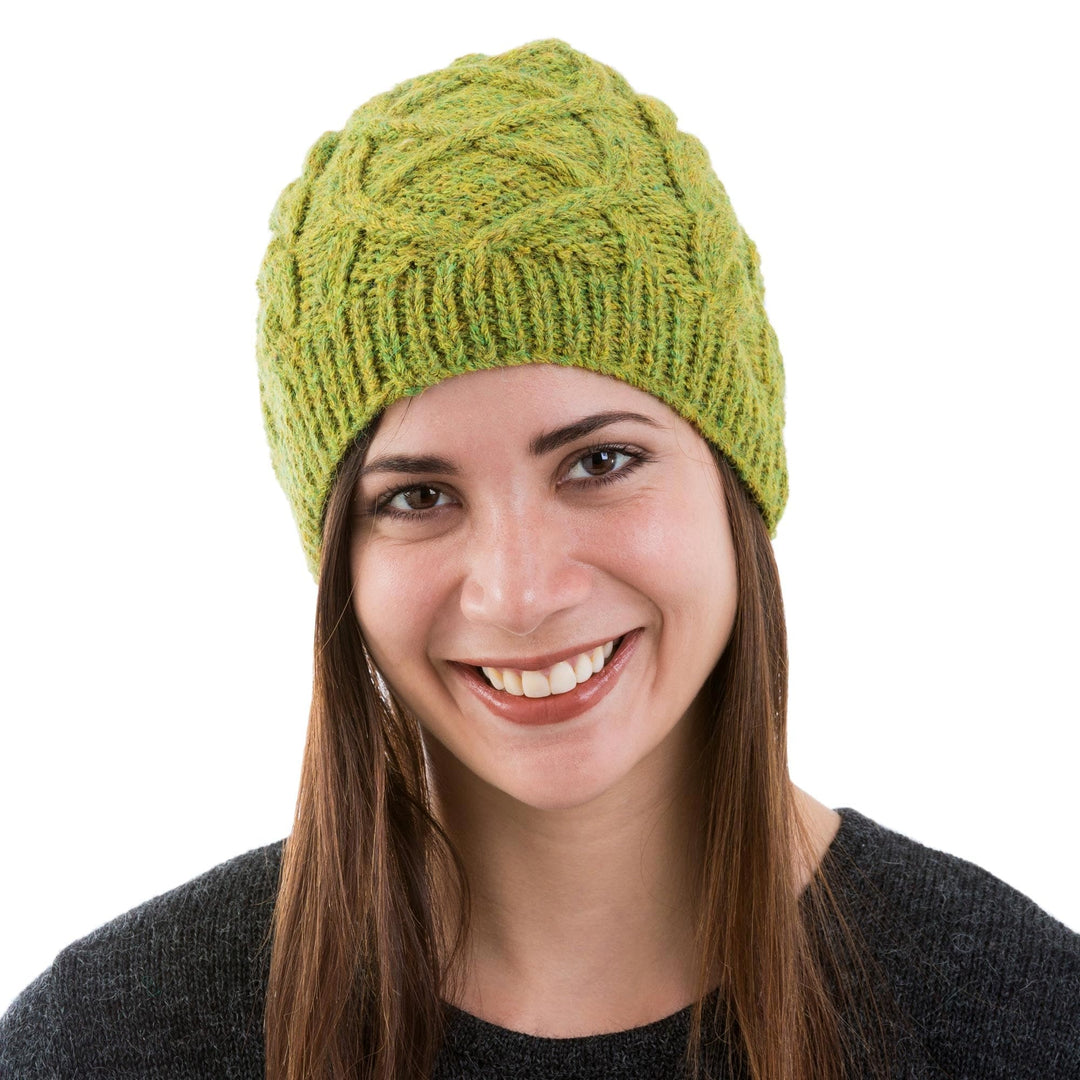 Mottled Green Alpaca Hat Beanie Knit by Hand in Peru - Coconut Green