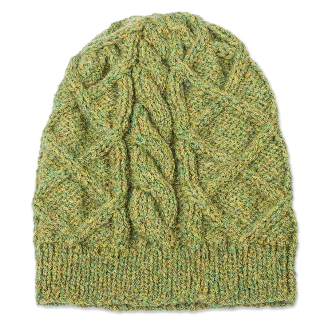 Mottled Green Alpaca Hat Beanie Knit by Hand in Peru - Coconut Green