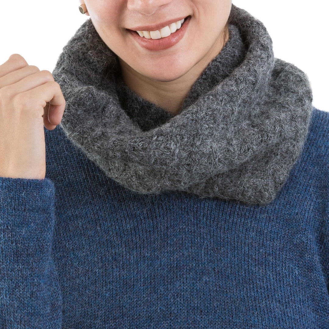 Hand Knit Alpaca Grey Neck Warmer with Bubble Textures - Grey Bubbles