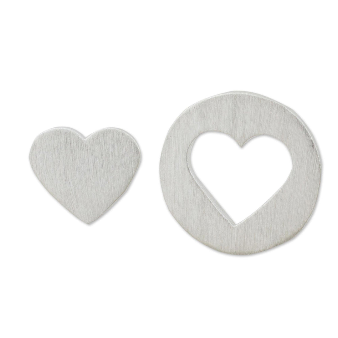 Brushed Silver Heart Earrings in Positive and Negative Space - Heart in the Moon