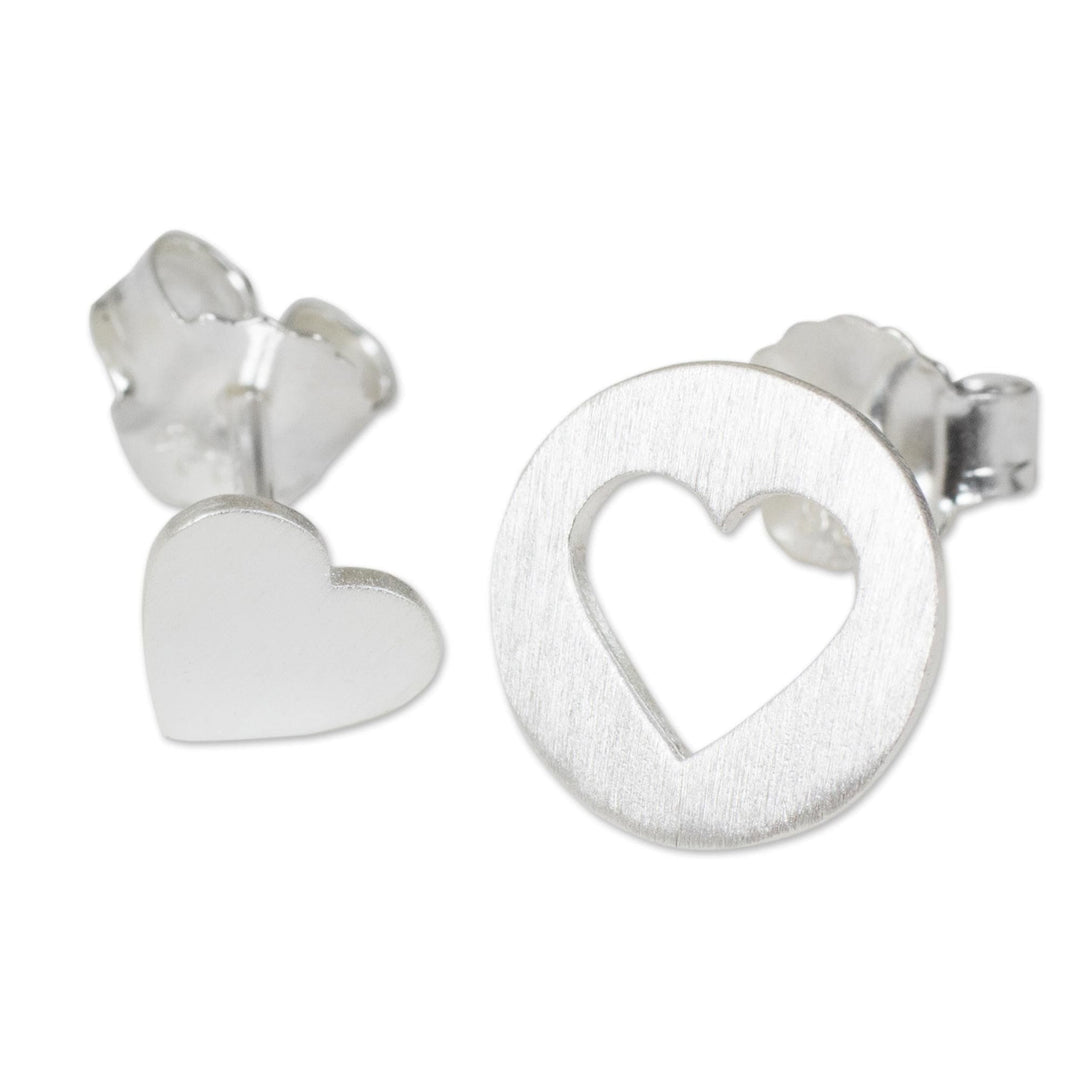 Brushed Silver Heart Earrings in Positive and Negative Space - Heart in the Moon