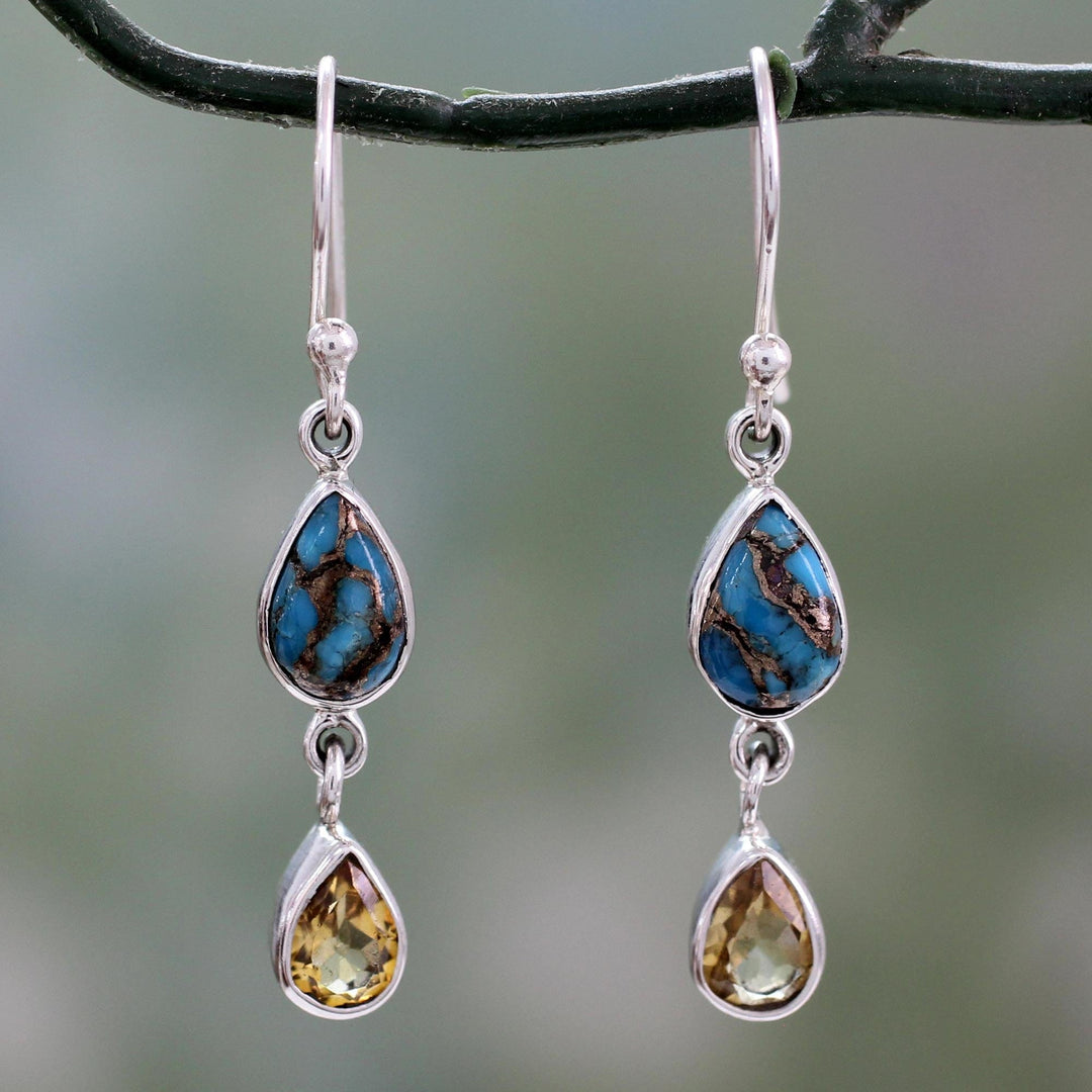 Citrine and Composite Blue Turquoise Dangle Earrings - Heavenly Light