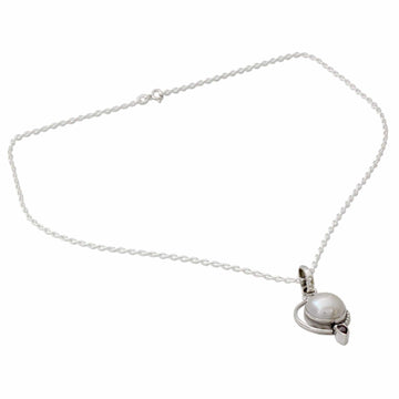 Leaf Theme Silver and Cultured Pearl Necklace with Garnet - Sublime Romance